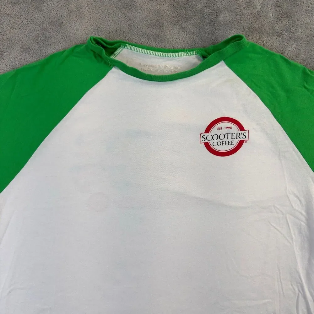 Scooters Coffee Shirt Unisex XL Green White 3/4 Raglan Baseball Candyland Promo